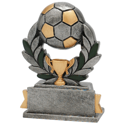 Fußball Skulptur mit Lorbeerkranz und Fußball in Silbergrau 9 cm