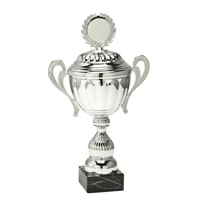 Silberner Siegerpokal Vigga − mit Deckel, Henkel, Marmorsockel & Emblemhalter − 8 Größen (25,5–43 cm)